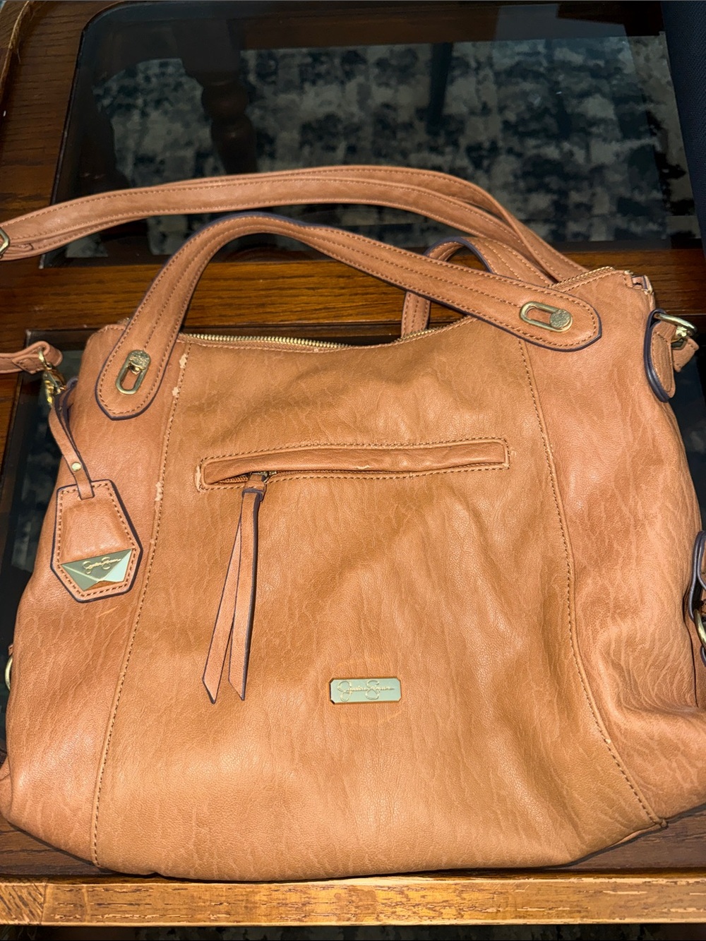 Jessica Simpson Tan Shoulder Satchel with Gold Accents